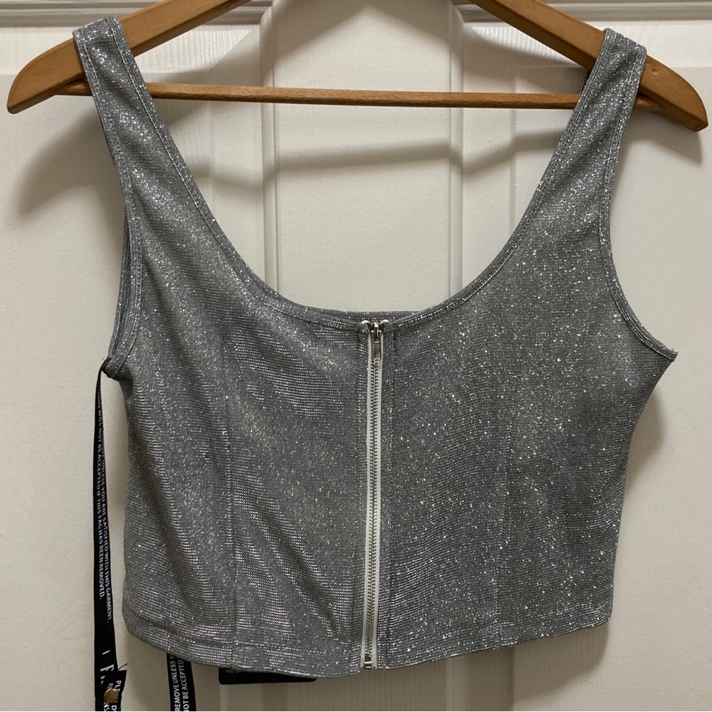 Pretty Little Thing Silver Glitter Curved Hem Corset. Sz 7 - Picture 3 of 7